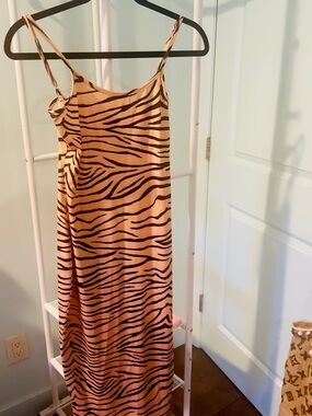 Women's Midi Slip Dress in Tan Zebra Print